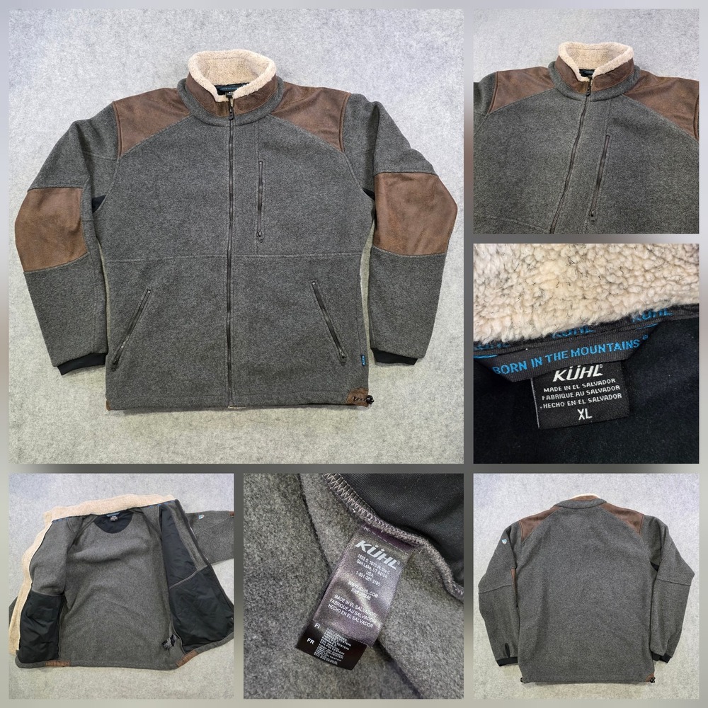 Kuhl Alpenwurx Jacket Mens XL Gray Fleece Bomber Faux Leather Panels Full Zip